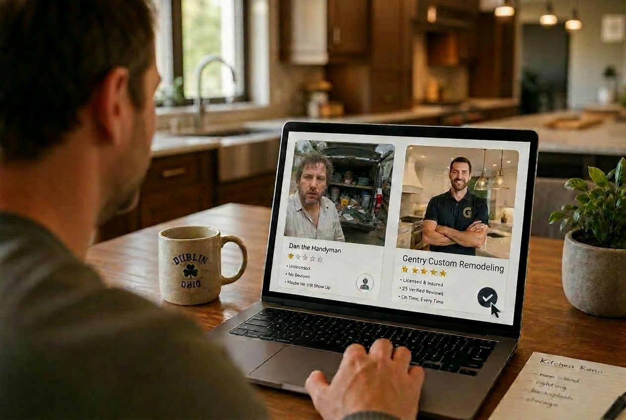 Homeowner comparing remodeling contractor profiles online while researching a trustworthy firm in Dublin, Ohio